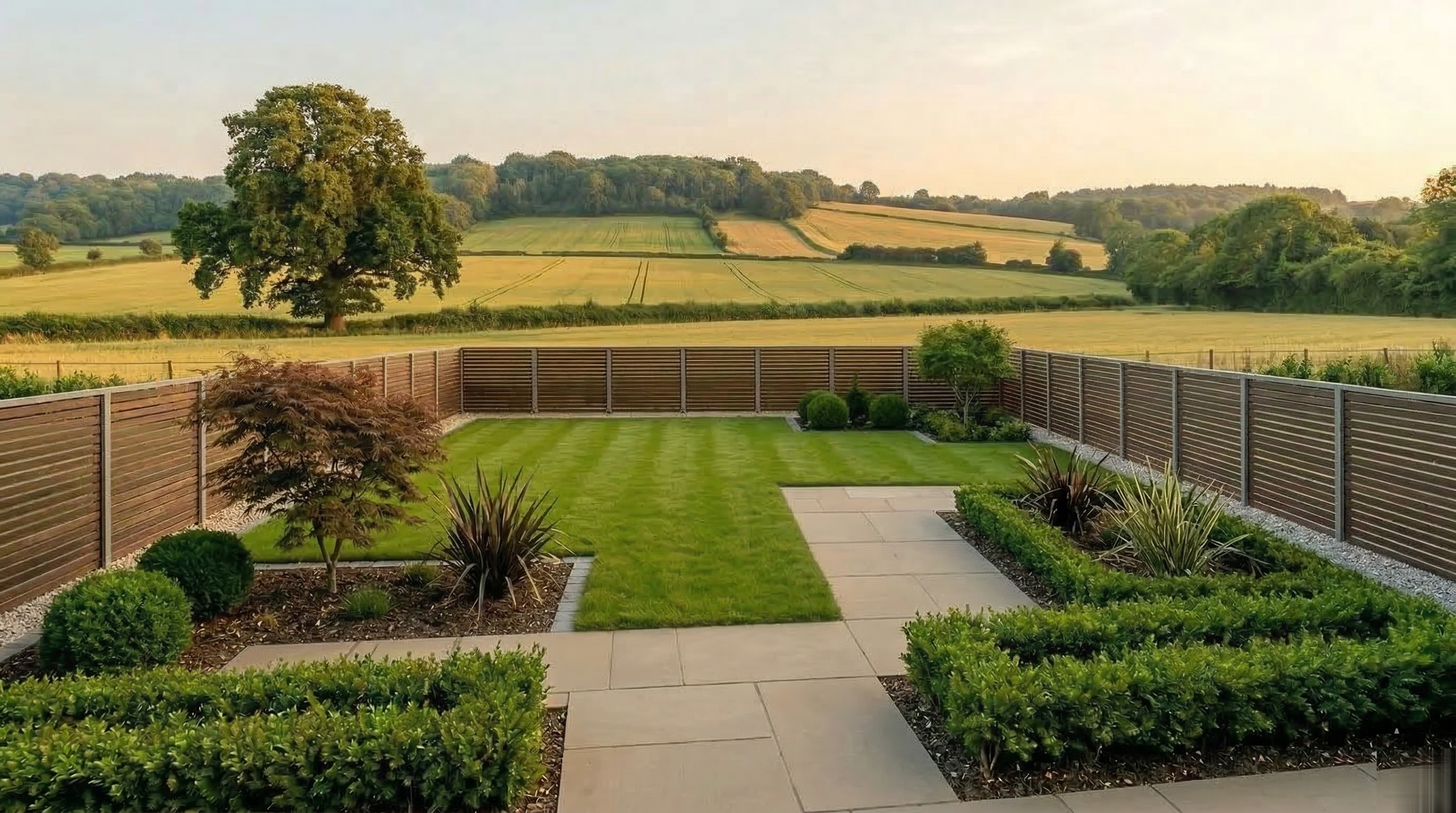 Gartengestaltung mit Rasen und Beeten