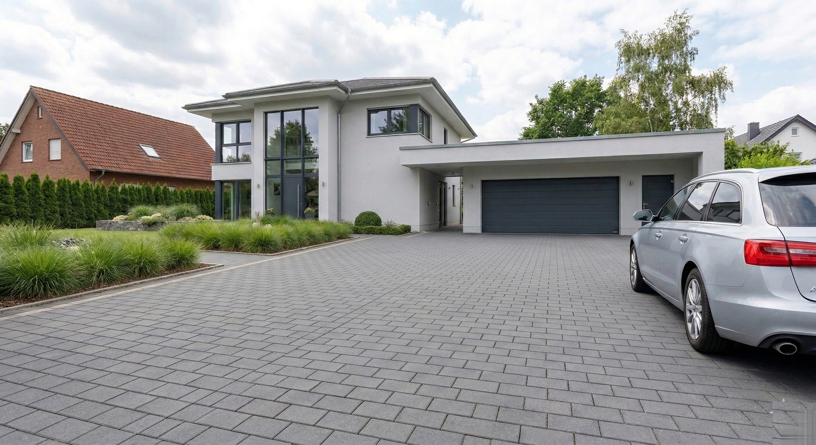 Gepflasterte Einfahrt eines modernen Einfamilienhauses