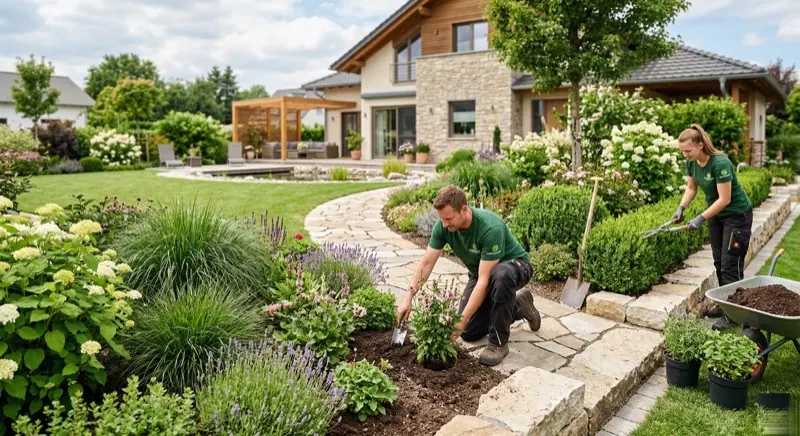 Angelegter Garten mit Staudenbeeten und gepflastertem Gartenweg